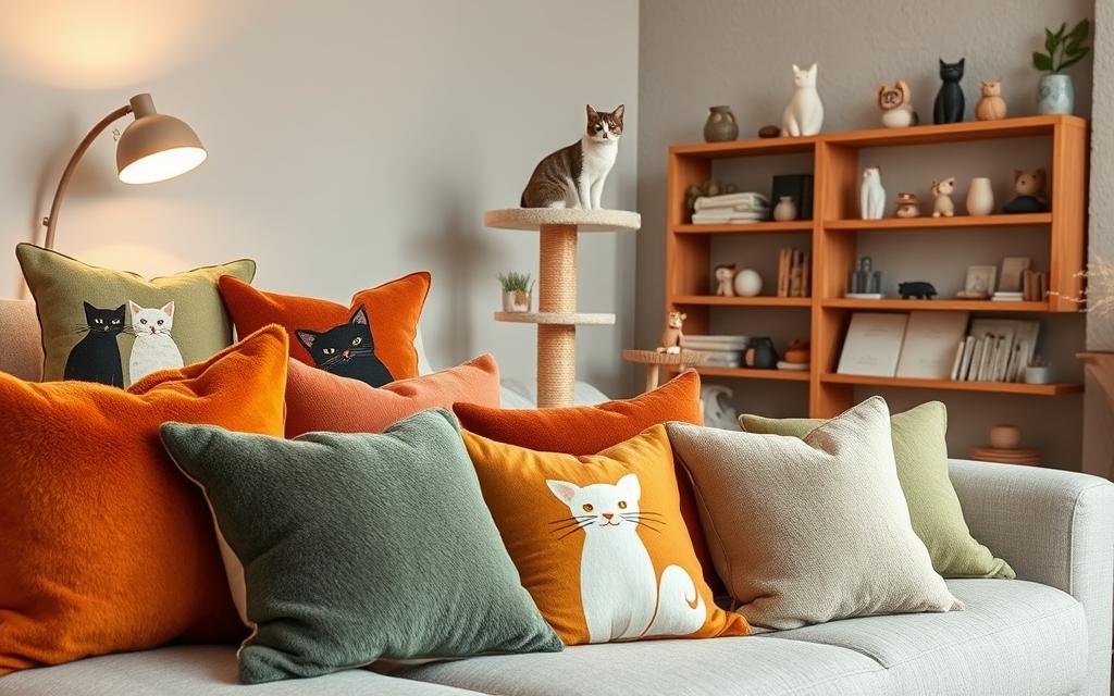 A cozy and inviting color palette inspired by the whimsical charm of feline friends. In the foreground, an array of plush cat-themed throw pillows in shades of warm ochre, rusty orange, and muted sage green. In the middle ground, a sleek cat tree in a neutral tone provides a stylish perch for an elegantly posed feline. The background features soft textured walls in a soothing dove gray, complemented by wooden shelves displaying an assortment of delightful cat figurines and decorative elements. Gentle, ambient lighting casts a cozy glow, creating an inviting, cat-centric atmosphere perfect for any home.