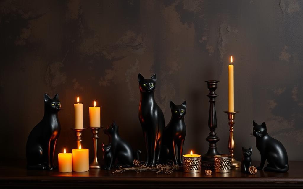 A cozy and inviting color palette of rich, velvety blacks, warm ambers, and deep, earthy tones. Soft, diffused lighting casts a gentle glow, highlighting the elegant silhouettes of decorative black cat figurines, candlesticks, and other feline-inspired accents arranged on a dark, wooden surface. In the background, a moody, abstract wall texture adds depth and atmosphere, complementing the feline-chic aesthetic. The overall scene exudes a sense of refined sophistication and a touch of whimsical, supernatural allure.