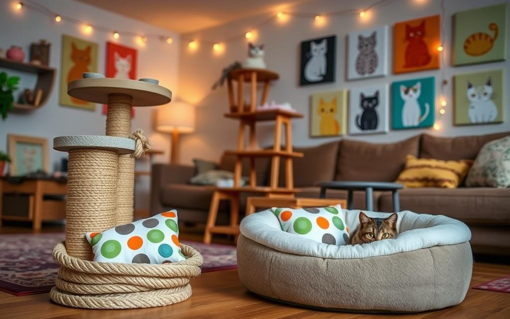 A cozy and inviting living room with a variety of budget-friendly cat-themed decor items. In the foreground, a plush cat bed adorned with a playful patterned cushion sits next to a scratching post wrapped in sisal rope. In the middle ground, a wooden cat tree with multiple levels provides a perch for feline companions. The background features colorful wall art featuring whimsical cat illustrations, complemented by string lights that create a warm, cozy ambiance. The overall scene exudes a charming, homey vibe that captures the essence of budget-friendly cat decor ideas.