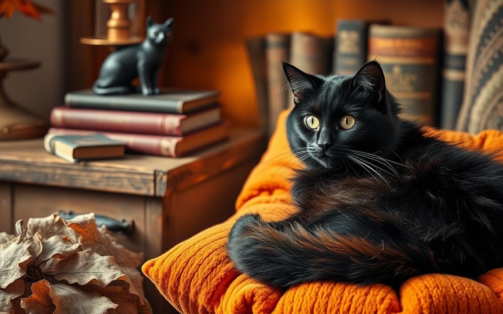 A cozy autumn scene with a black cat nestled among rustic home decor items. In the foreground, a fluffy feline curled up on a plush, pumpkin-colored pillow, casting a watchful gaze. The middle ground features a wooden end table adorned with a carved black cat figurine, a tarnished brass candle holder, and a stack of vintage books. In the background, a warm, amber-toned lighting illuminates a wooden bookshelf, casting gentle shadows and highlighting the textures of the natural materials. The overall mood is one of seasonal comfort and whimsical, feline-inspired charm.