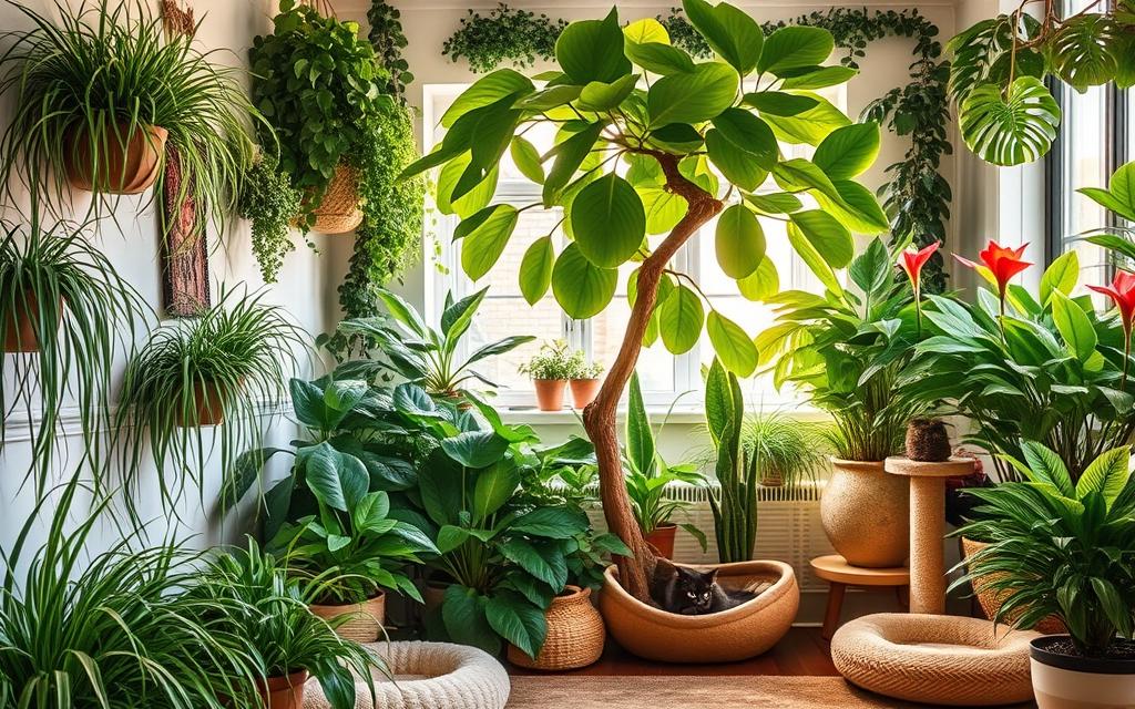 A cozy indoor garden filled with lush, leafy plants that are safe for curious felines. In the foreground, a mix of cat-friendly greenery like catnip, cat grass, and spider plants cascade from wall-mounted planters. In the middle ground, a large potted fiddle-leaf fig tree stands tall, its broad leaves swaying gently. The background features a variety of other non-toxic plants like Boston ferns, calatheas, and peace lilies, all basking in warm, natural lighting filtering through a large window. Plush cat beds, scratching posts, and other feline-friendly decor items are strategically placed throughout the space, creating a harmonious and safe environment for both plants and pets.