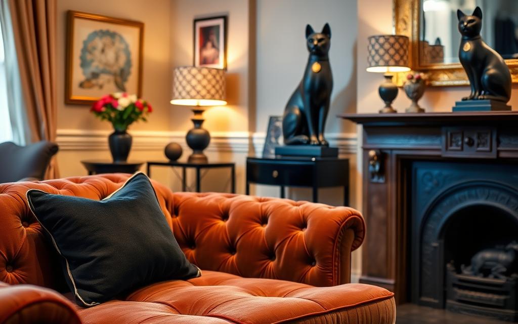A cozy living room adorned with elegant black cat decor. In the foreground, a plush velvet sofa with a black cat-shaped pillow. On the mantelpiece, a stunning black cat sculpture casts a watchful gaze. The middle ground features a stylish side table with a black cat-patterned lamp and a vase of fresh flowers. The background showcases a warm, amber-toned lighting, creating a inviting, atmospheric ambiance. The overall scene exudes a refined, sophisticated charm, perfectly capturing the essence of &quot;Finding the Perfect Black Cat Decor Pieces&quot;.