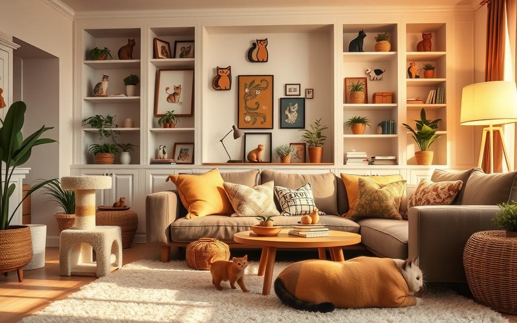 A cozy living room filled with stylish cat-themed home decor, bathed in warm, inviting lighting. In the foreground, a plush cat tower and scratching post in earthy tones blend seamlessly with the neutral color palette. Scattered across the mid-ground, decorative cat-shaped throw pillows, wall art, and figurines in complementary shades of tan, beige, and olive green. The background features built-in shelves displaying an array of cat-inspired trinkets, books, and potted plants, creating a harmonious and inviting atmosphere. Soft, diffused lighting casts a comforting glow, emphasizing the cat's natural elegance and the owner's attention to detail in crafting a space that reflects their feline companion's personality.