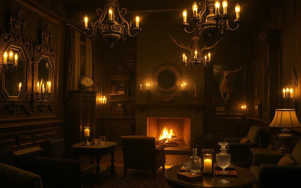 A dimly lit Gothic manor interior, illuminated by flickering candlelight and sconces. Ornate carved wooden furniture, wrought-iron chandeliers, and heavy velvet draperies create an atmosphere of timeless elegance. Antique mirrors, candelabras, and intricate tapestries adorn the walls, casting soft, dramatic shadows. A large stone fireplace crackles in the background, its warm glow contrasting with the cooler hues of the room. Vintage taxidermy, leather-bound books, and crystal decanters add sophisticated Gothic accents throughout the space. The scene conveys a sense of refined, haunting beauty, bridging the historical and the contemporary.