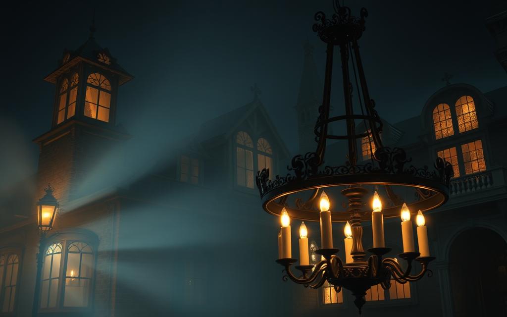 A dimly lit Victorian-era manor, its gothic architecture casting long shadows across a weathered stone exterior. Flickering gas lamps illuminate the scene, casting an amber glow that dances across the aged walls. Fog drifts through the air, creating an eerie, atmospheric haze. The windows are adorned with ornate, cobweb-covered frames, their panes filtering the light to create a somber, haunting ambiance. In the foreground, a wrought-iron chandelier sways gently, its candles casting a warm, flickering light that casts dramatic shadows across the grand, wood-paneled interior. The overall effect is one of timeless elegance and a sense of impending Gothic drama.