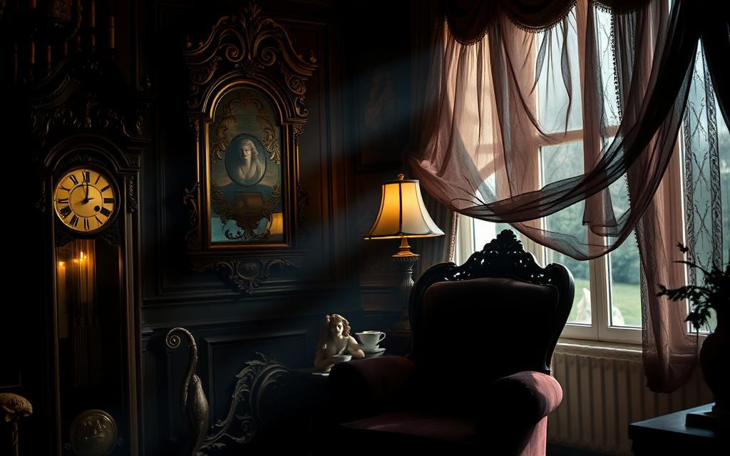 A dimly lit Victorian parlor filled with ornate decorative objects: a grandfather clock with an intricate bronze face and a pendulum swinging hypnotically, a gilded mirror reflecting flickering candlelight, a porcelain figurine of a haunting female figure, a deep burgundy velvet armchair with ornate carvings, a heavy damask curtain billowing in a chilly breeze. Dramatic shadows dance across the room, creating an atmosphere of mysterious gothic elegance. The scene is captured with a vintage cinematic lens, giving it a rich, nostalgic quality.
