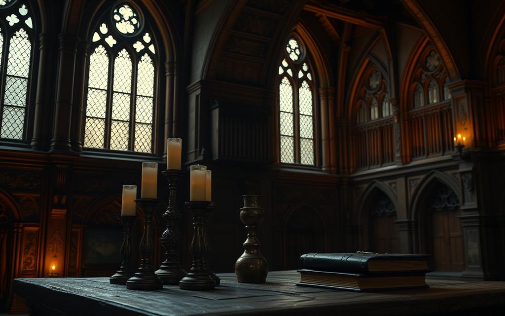 A dimly lit medieval hall with ornate Gothic architectural elements. Tall arched windows cast soft, amber-hued lighting, illuminating intricate stone carvings, and aged, weathered wood beams. In the foreground, a collection of vintage candlesticks, a tarnished copper chalice, and a leather-bound tome rest on a sturdy oak table. The atmosphere is one of quiet, subdued elegance, evoking a sense of timeless enchantment.