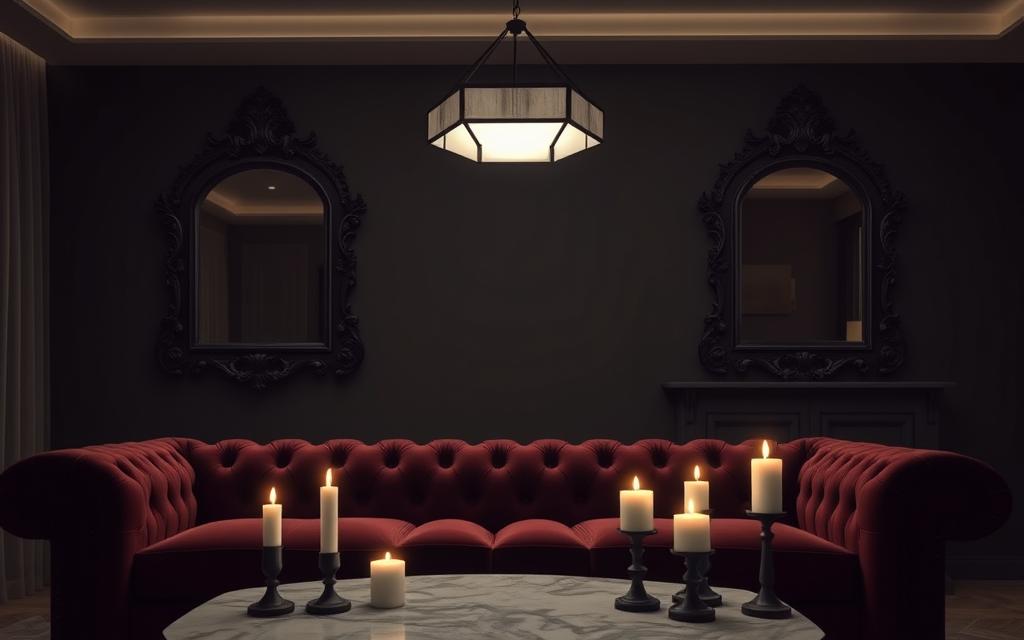 A dimly lit modern living room, with a sleek, minimalist design. In the foreground, a velvet chesterfield sofa in a deep, burgundy hue, its tufted details casting shadows. On the adjacent wall, a large, ornate mirror with an ebony frame, reflecting the room's moody ambiance. Candles flicker on a marble-topped coffee table, their flickering flames casting a warm, golden glow. The backdrop is a feature wall in a muted, charcoal tone, creating a sense of depth and drama. Overhead, a modern, geometric light fixture casts a soft, ambient light, illuminating the space with a touch of gothic elegance.