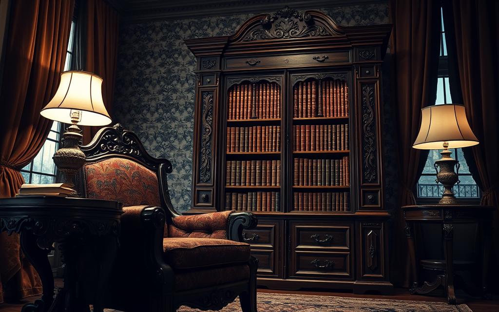 A stately Victorian Gothic armchair stands majestically in the foreground, its ornate wooden frame adorned with intricate carvings and dark, aged finish. Beside it, a matching side table with a glass top displays a antique lamp, casting a warm, flickering glow across the space. In the middle ground, a grand, ornamental bookshelf fills the frame, its shelves laden with leather-bound tomes. The background is shrouded in a moody, atmospheric lighting, with hints of damask wallpaper and heavy, velvet curtains hinting at the grandeur of the room. A sense of timeless elegance and sophisticated gothic style permeates the entire scene.