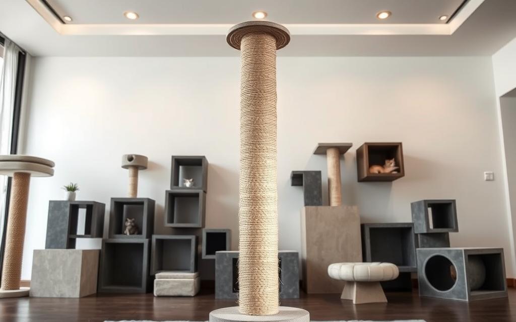 A stylish cat scratching post arrangement in a modern, minimalist living room. In the foreground, a tall, cylindrical post wrapped in natural sisal fiber stands proud, inviting feline exploration. Surrounding it, a collection of chic, geometric cat furniture in muted tones of gray and beige - cubed platforms, angled perches, and cozy nooks - create an elevated, design-forward environment. Soft, diffused lighting from sleek, recessed fixtures overhead casts a warm, gallery-like ambiance, complementing the understated elegance of the scene. In the background, a crisp, white wall provides a clean backdrop, allowing the sculptural cat decor to take center stage as the focal point of the space.