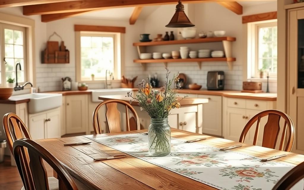 A cozy and inviting farmhouse kitchen, flooded with warm natural light streaming through large windows. The foreground features a rustic wooden table with a vintage floral tablecloth, surrounded by mismatched wooden chairs. On the table, a mason jar filled with freshly picked wildflowers adds a touch of country charm. In the middle ground, a farmhouse-style kitchen island with shaker-style cabinets, a farmhouse sink, and a butcher block countertop. The background showcases white subway tile backsplash, open wood shelving displaying vintage dishware, and a classic farmhouse-style pendant light fixture casting a soft, ambient glow. The overall atmosphere is one of comfort, simplicity, and timeless, rural elegance.